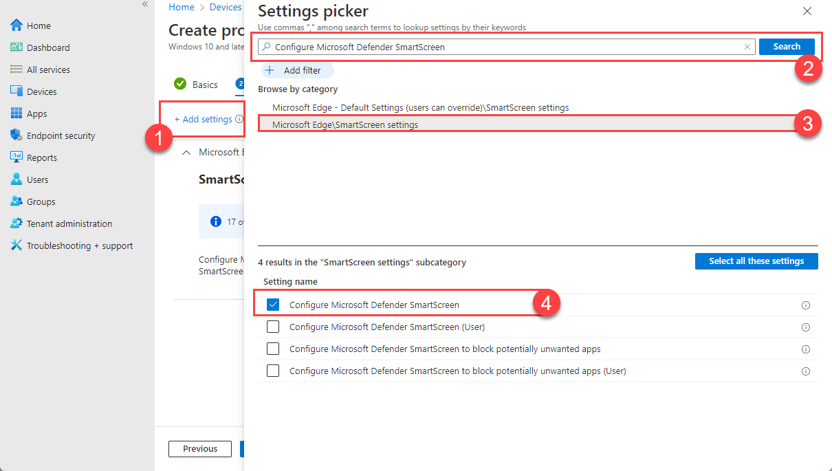 Adding Configure Microsoft Defender SmartScreen in Settings catalog